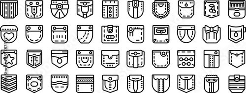 Patch pocket icons set. Fashion designers are developing a wide variety of pocket styles for clothing
