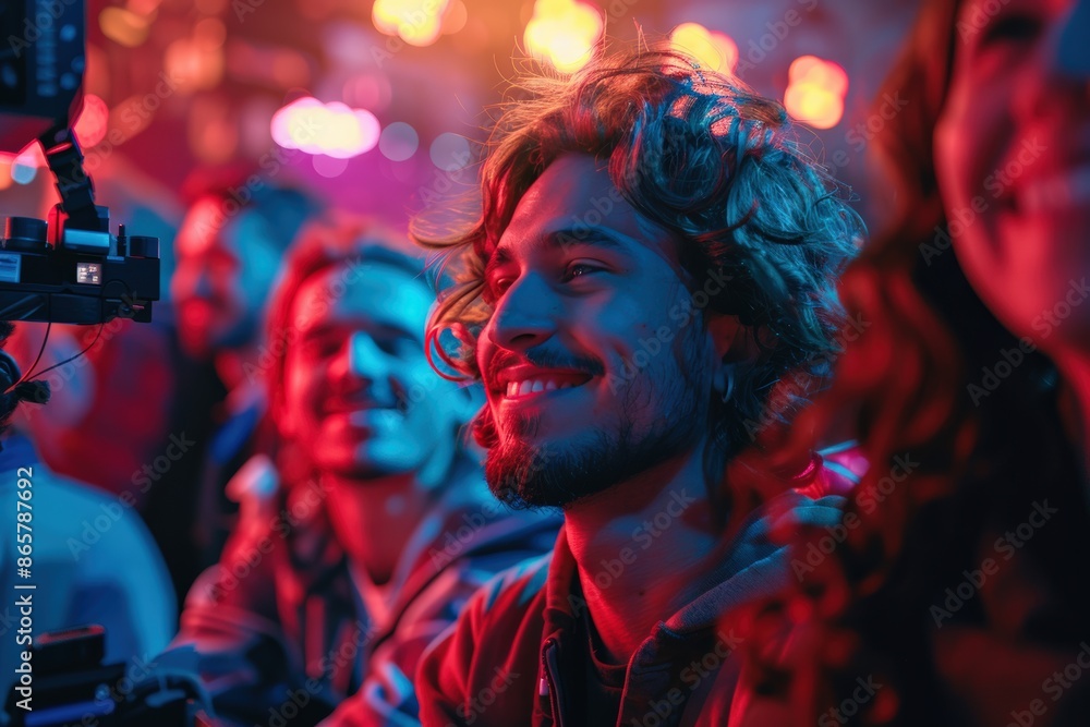 A group of happy friends enjoying a lively night out with colorful lights and a festive atmosphere. A group of happy friends enjoying a lively night out with colorful lights and a festive atmosphere.