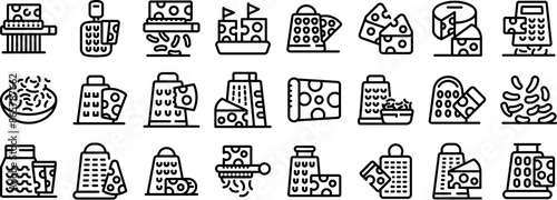 Grated cheese icons set. Different types of cheese graters grating cheese to prepare delicious dishes