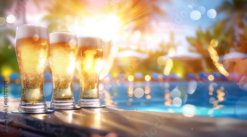 Three glasses of beer are sitting on a ledge next to a pool © Space Priest