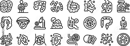 lactobacilli icons set. Line icons representing a doctor analyzing dysbiosis, gut microbiome and probiotics