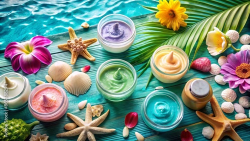 Vibrant beauty products, including colorful masks and skincare creams, arranged artfully on a calm, turquoise ocean-inspired background, evoking relaxation and rejuvenation. photo