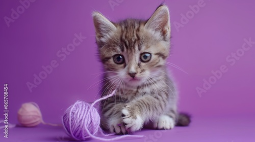 A cute tabby kitten with big eyes plays with a purple ball of yarn on a purple background.