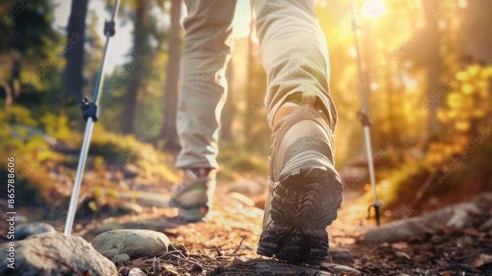 A person is walking through a forest with a pair of hiking poles, hiker's equipment A person is walking through a forest with a pair of hiking poles, hiker's equipment
