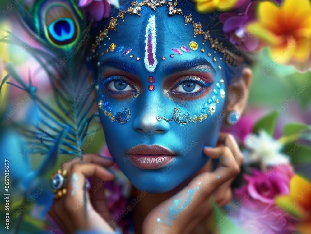 A woman with blue face paint and a peacock feather on her head, Indian god in Hinduism in India A woman with blue face paint and a peacock feather on her head, Indian god in Hinduism in India