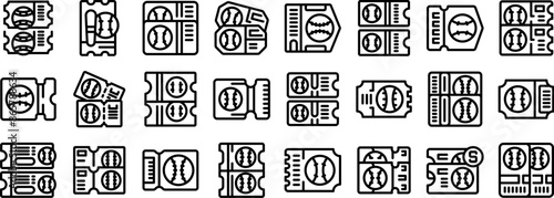 ticket baseball icons set. Set of line icons representing baseball tickets, showing entry to a game at the stadium