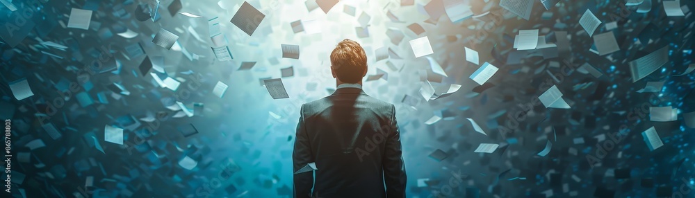 Zen in Chaos: Businessman in Control in a Whirlwind Office with Flying Papers Zen in Chaos: Businessman in Control in a Whirlwind Office with Flying Papers