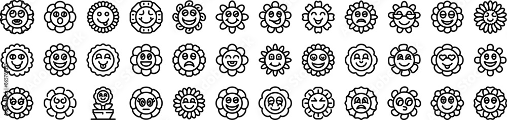 Chamomile smile icons set. Big set of sunflower characters showing different emotions and wearing sunglasses Chamomile smile icons set. Big set of sunflower characters showing different emotions and wearing sunglasses