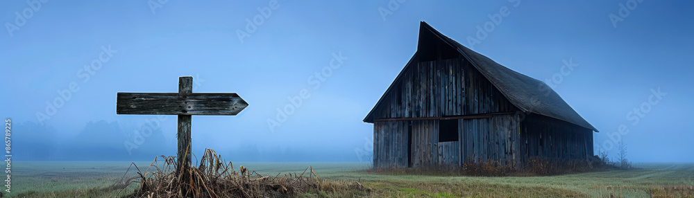 Dilapidated barn with overgrown weeds and fog, Halloween blank background, rural spookiness Dilapidated barn with overgrown weeds and fog, Halloween blank background, rural spookiness