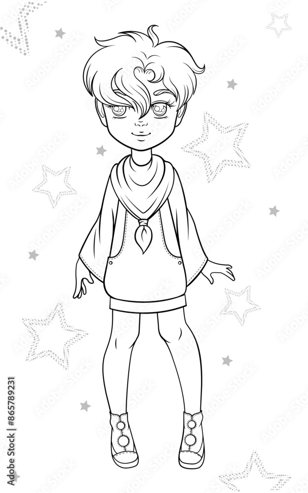 Illustration of a cute anime style child with short haircut and a stylish outfit in monochrome line art for a fashion coloring book design Illustration of a cute anime style child with short haircut and a stylish outfit in monochrome line art for a fashion coloring book design
