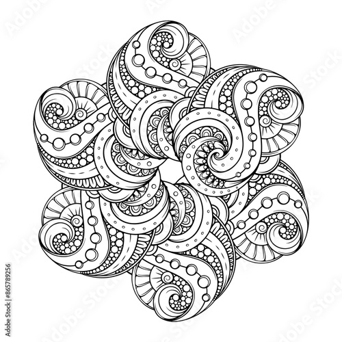 This intricate star shape mandala design showcases abstract swirls, and dots patterns in a striking black and white color scheme, perfect for an antistress coloring books