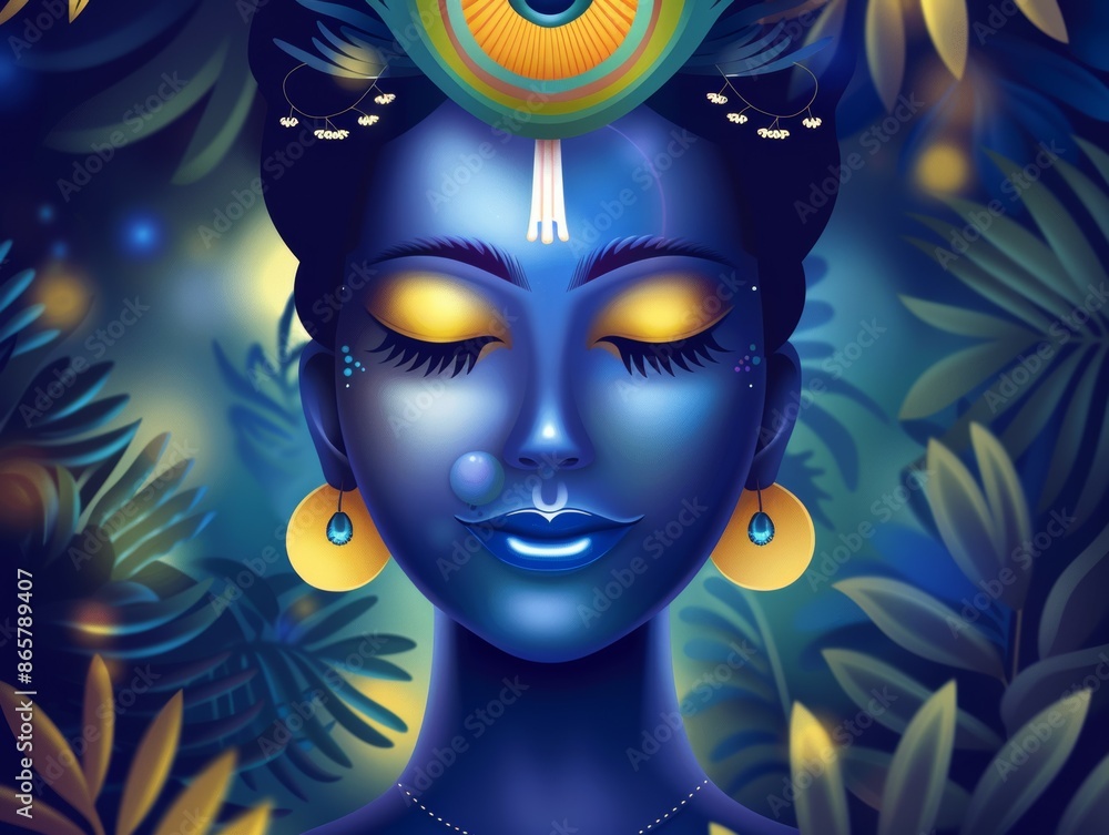 A woman with blue eyes and a blue face is wearing a blue and yellow headdress, Indian god in Hinduism in India A woman with blue eyes and a blue face is wearing a blue and yellow headdress, Indian god in Hinduism in India