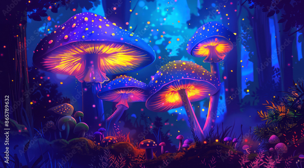 Fototapeta premium illustration colorful and vibrant mushroom in the forest