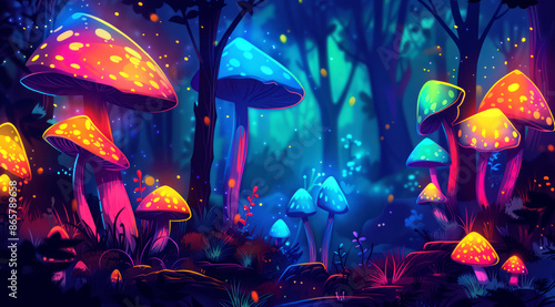 illustration colorful and vibrant mushroom in the forest © dropideas