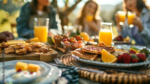 A table setting with food and drinks at an outdoor brunch.