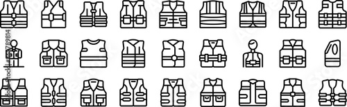 Safety vest icons set. Life vest icons set. Outline set of life vest icons for web design isolated on white background
