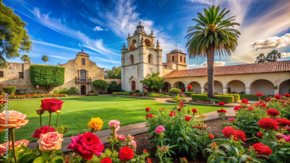 Fototapeta premium Historic Spanish mission architecture rises behind lush green lawn and vibrant rose gardens in serene and peaceful surroundings.