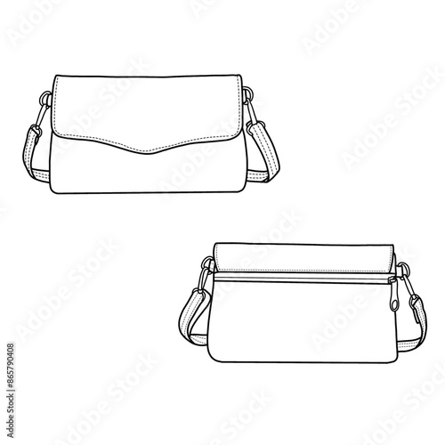 Ladies sling bag. Sling bag flat sketch fashion illustration drawing template mock-up.