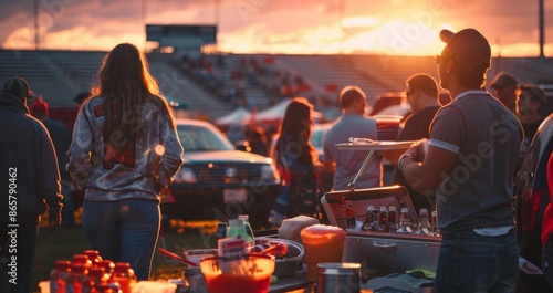 Fans tailgating in a stadium parking lot before a big football game