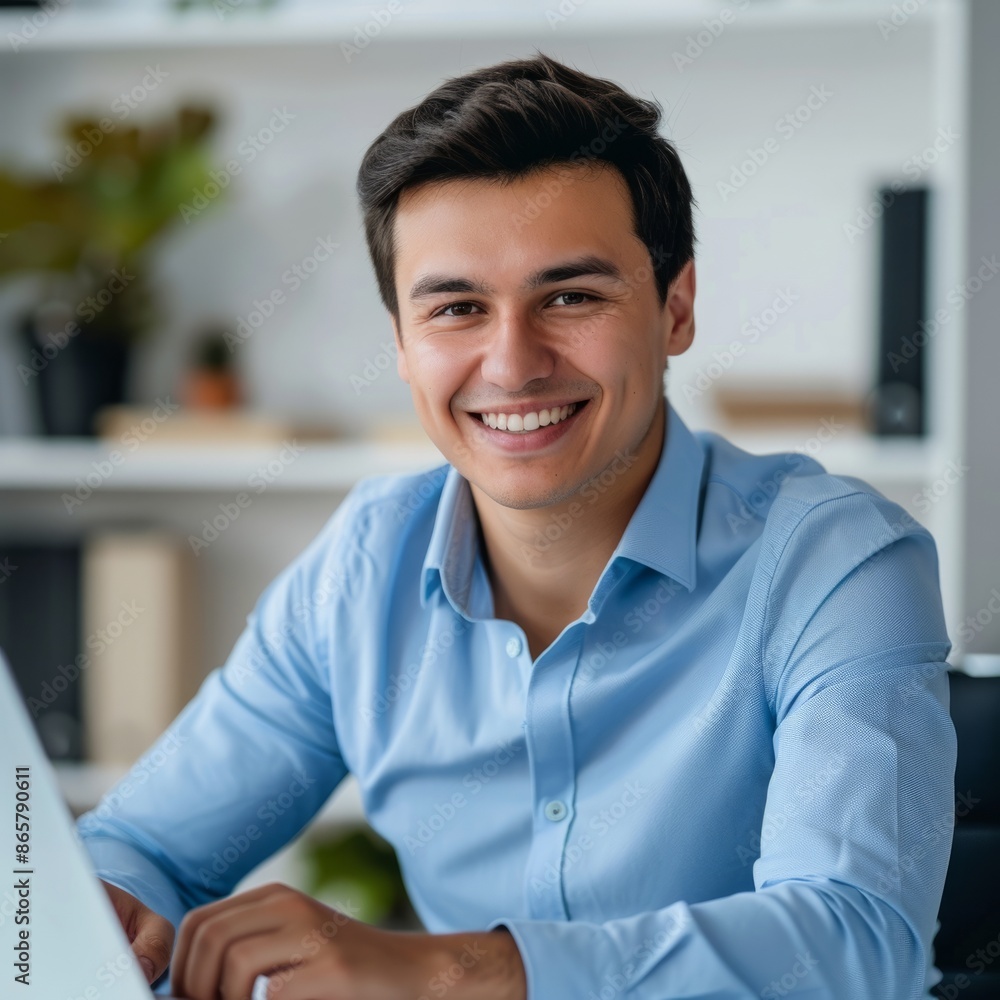 Fototapeta premium Portrait of a successful and confident young man in a blue shirt sitting in the office at a desk, working on a laptop and smiling at the camera 