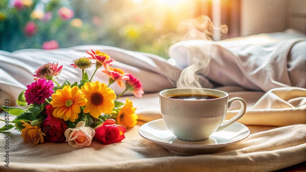 Serene morning setup featuring steaming cup of coffee amidst vibrant flowers on crisp white bed sheets, radiating warmth and tranquility. Serene morning setup featuring steaming cup of coffee amidst vibrant flowers on crisp white bed sheets, radiating warmth and tranquility.