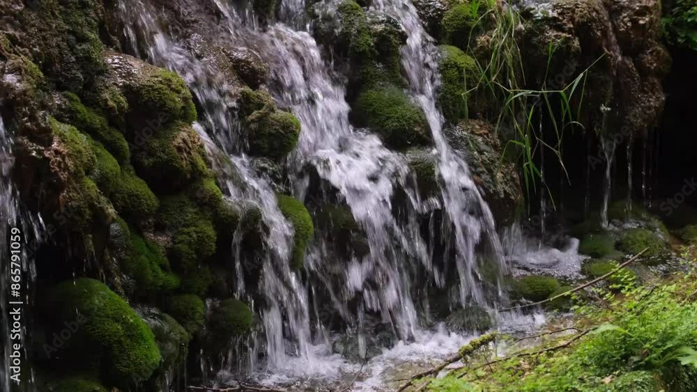 Waterfall flowing through the greenery Waterfall flowing through the greenery