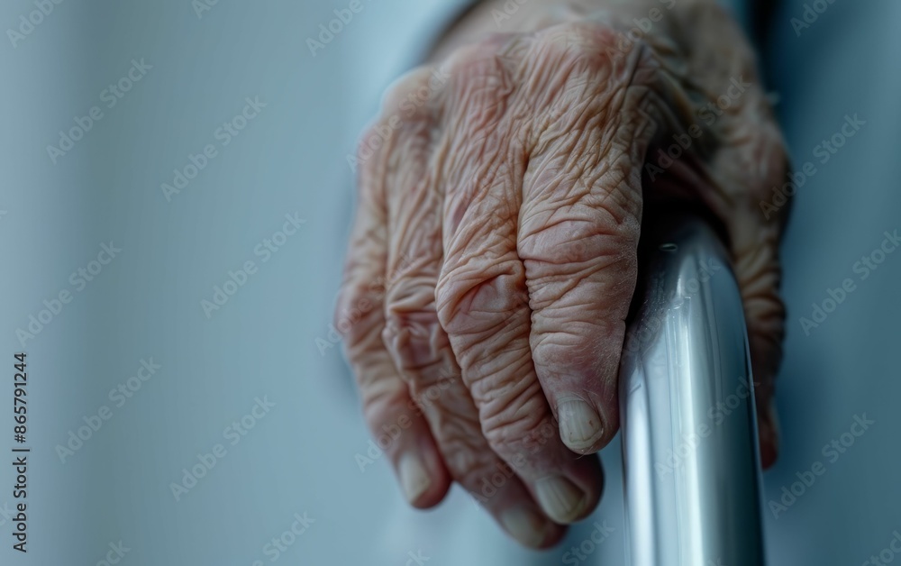 Fototapeta premium Close-up of Elderly Hand Holding Railing.