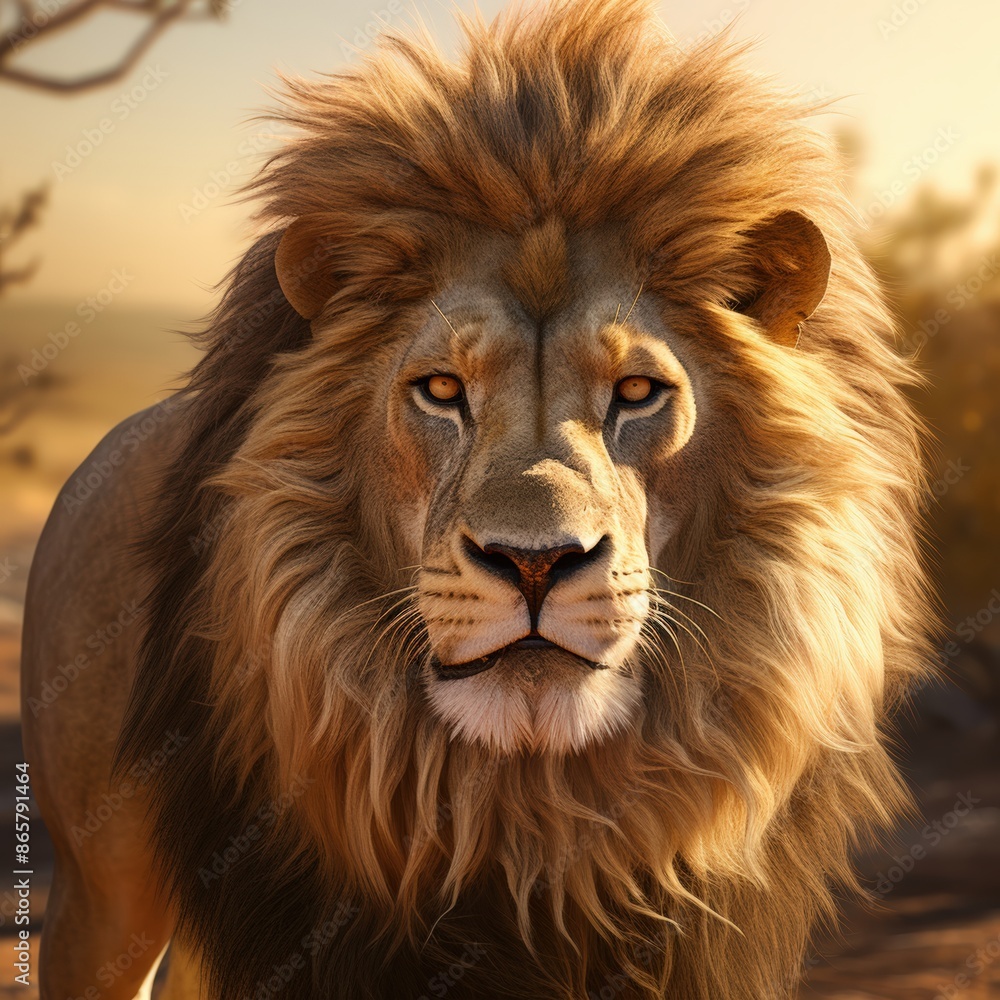 Fototapeta premium A majestic lion with a glorious mane gazes into the camera at sunset in a wild savannah landscape.