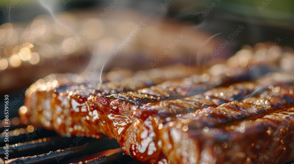 A close up of a piece of meat on a grill, holiday with family and friends concept A close up of a piece of meat on a grill, holiday with family and friends concept