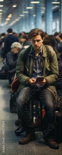 A man in a green jacket sits on luggage in a crowded airport terminal, engrossed in his phone amid travelers.