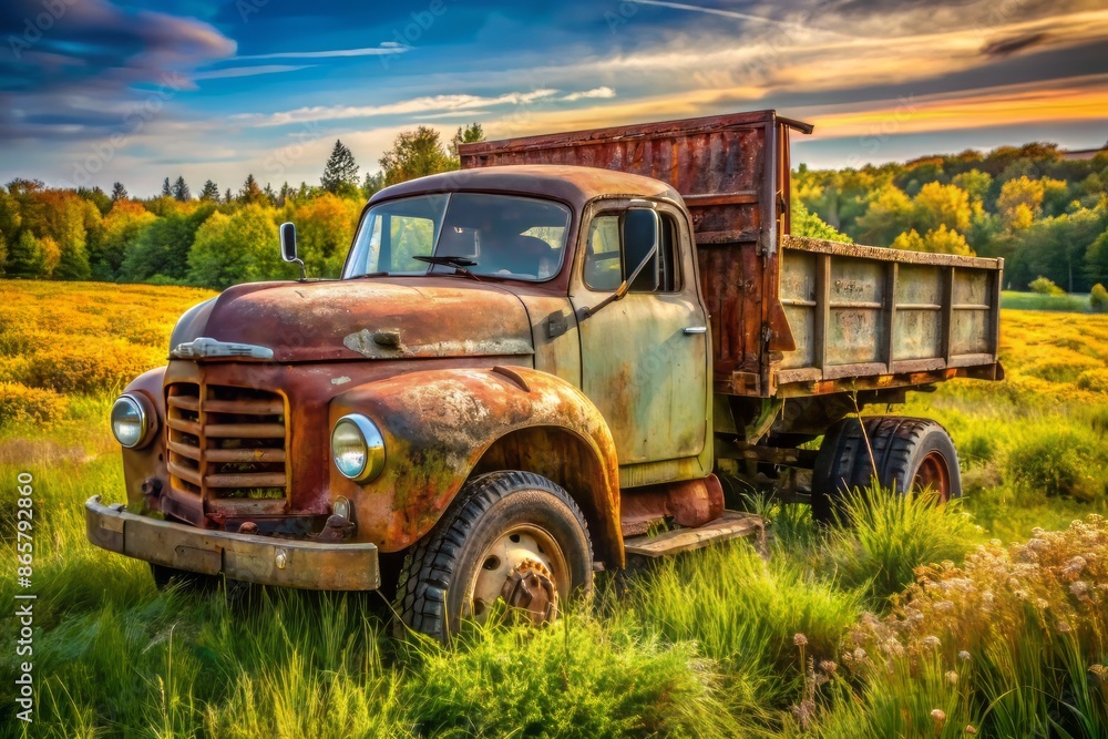 Obraz premium Rusty old dump truck abandoned in a rural field with worn tires, faded paint, and overgrown with weeds, telling a story of years of hard labor.
