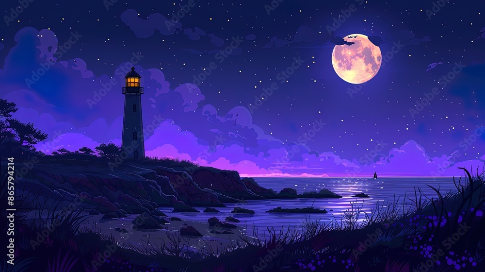 Naklejka premium a lighthouse in the distance over sea surface in a dark night