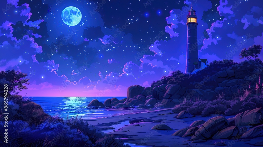 a lighthouse in the distance over sea surface in a dark night a lighthouse in the distance over sea surface in a dark night