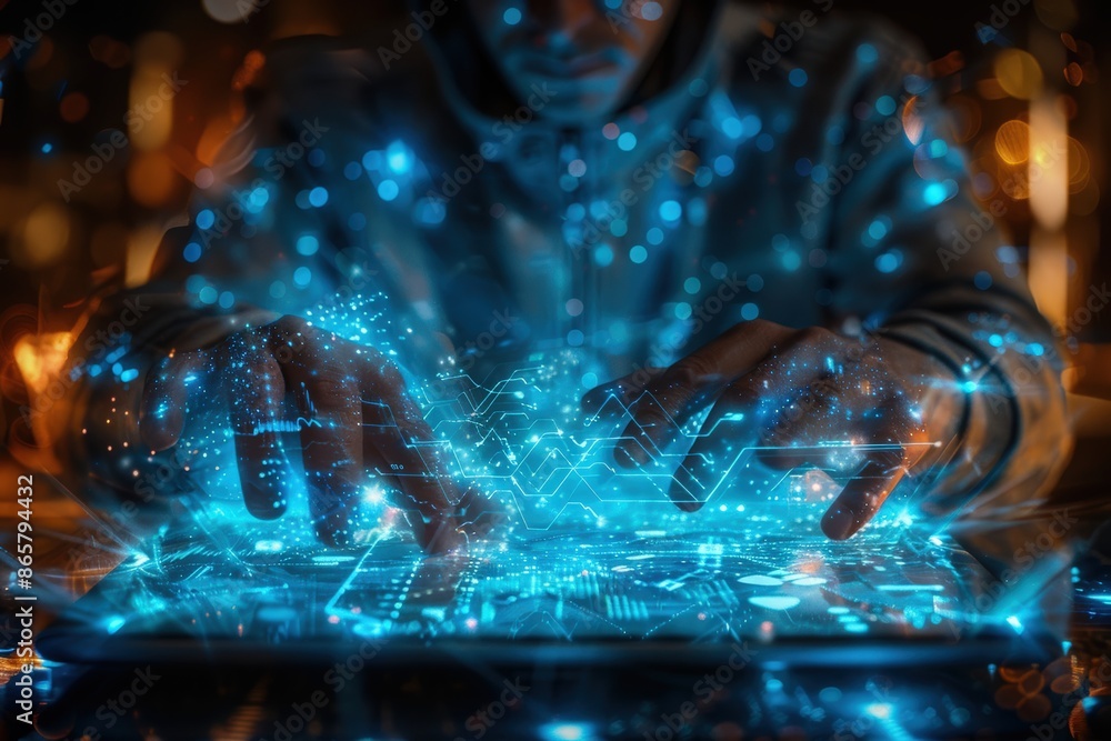 A person in a hoodie working on a glowing, futuristic touch interface with blue digital effects, representing technology and cyber concepts. A person in a hoodie working on a glowing, futuristic touch interface with blue digital effects, representing technology and cyber concepts.