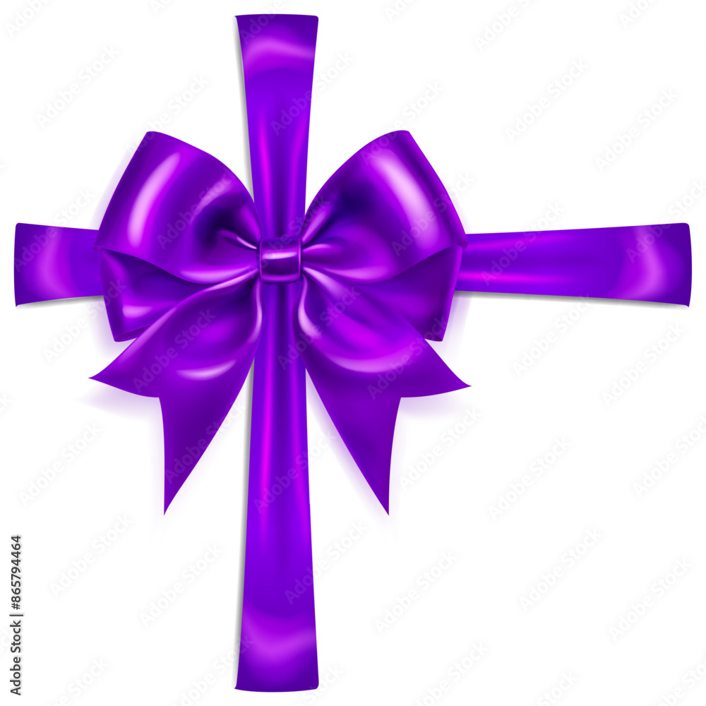 Beautiful large purple shiny bow with crosswise ribbons and soft shadow on white background. Vector illustration for design projects and creative works. Beautiful large purple shiny bow with crosswise ribbons and soft shadow on white background. Vector illustration for design projects and creative works.