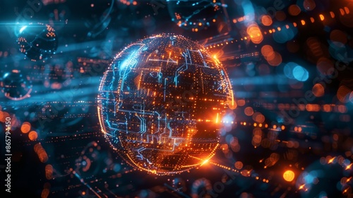 Futuristic Digital Globe with Glowing Data Nodes - Generative AI photo