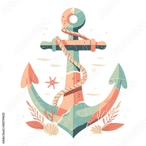 Colorful nautical anchor illustration with rope and starfish. Maritime-themed artwork perfect for marine lovers and decorative projects. photo