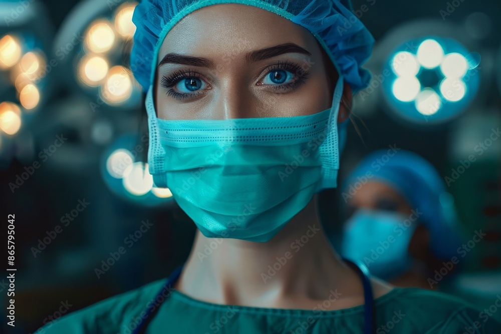 The portrait photo shows a beautiful female doctor wearing a surgical mask with an operating room in the background The portrait photo shows a beautiful female doctor wearing a surgical mask with an operating room in the background