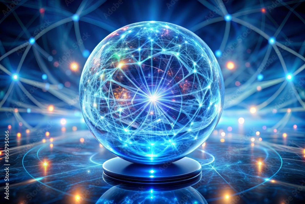 Glowing blue neural networks surround a crystal ball, radiating pulsing light waves, evoking the concept of telepathic communication and mind control through powerful thought processes. Glowing blue neural networks surround a crystal ball, radiating pulsing light waves, evoking the concept of telepathic communication and mind control through powerful thought processes.