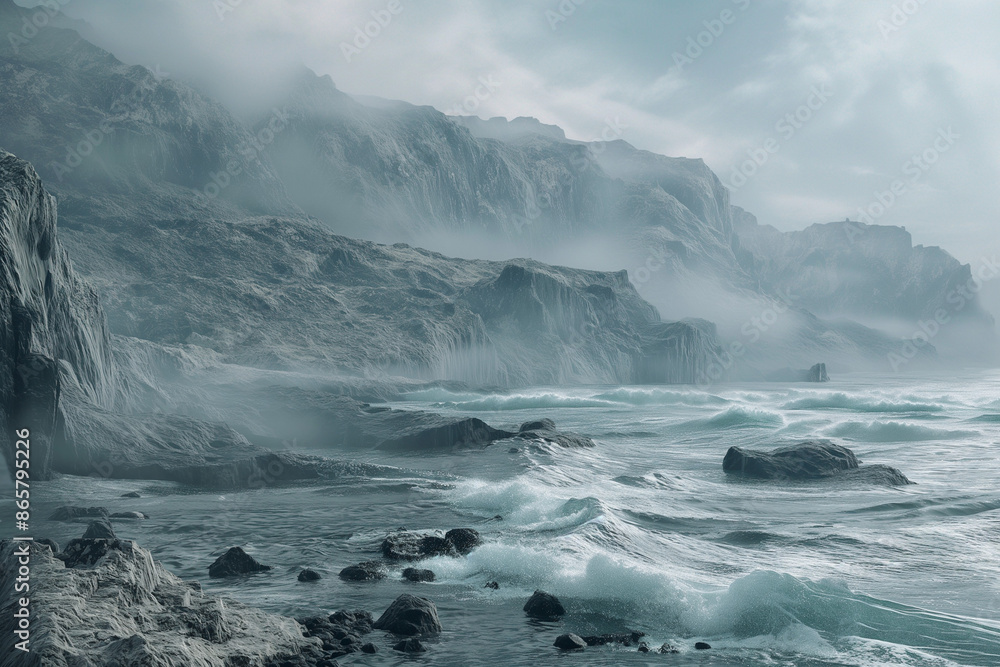 This image shows a misty seascape with rugged cliffs, breaking waves on a rocky shore, and a moody atmosphere This image shows a misty seascape with rugged cliffs, breaking waves on a rocky shore, and a moody atmosphere