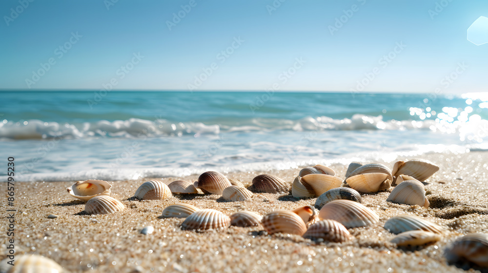 On the sandy beach by the sea there are seashells scattered about It s the perfect spot for a relaxing seaside vacation with plenty of copy space image On the sandy beach by the sea there are seashells scattered about It s the perfect spot for a relaxing seaside vacation with plenty of copy space image