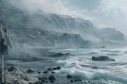 This image shows a misty seascape with rugged cliffs, breaking waves on a rocky shore, and a moody atmosphere