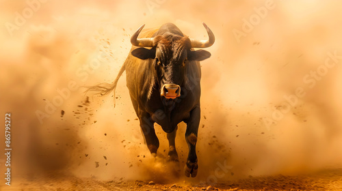 A powerful bull charging at full speed across a dusty dirt road kicking up a large cloud of dust in a dry rugged landscape background with a savanna or grassland environment