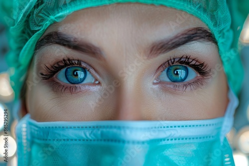 The portrait photo shows a beautiful female doctor wearing a surgical mask with an operating room in the background