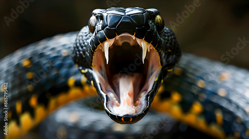 Fierce and Deadly Black Viper Snake with Open Mouth and Bifurcated Tongue Hissing and Snarling in a Predatory Pose Showcasing its Sharp Fangs and Aggressive Nature photo