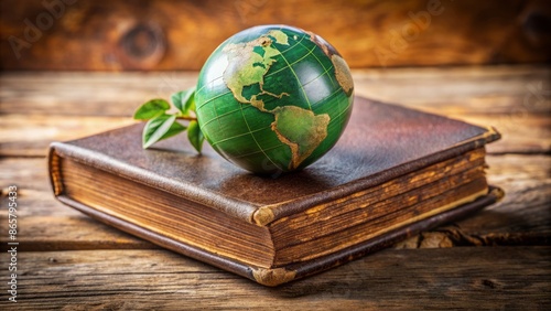 Old leather-bound law book with a green globe resting on top, symbolizing environmental conservation and sustainable legislation.