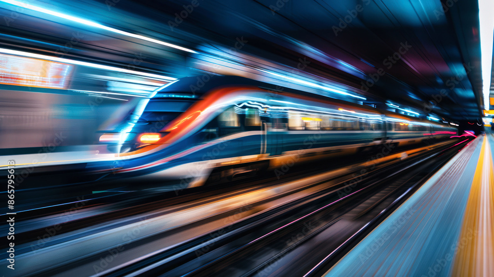 High-speed train traveling through lush landscape High-speed train traveling through lush landscape