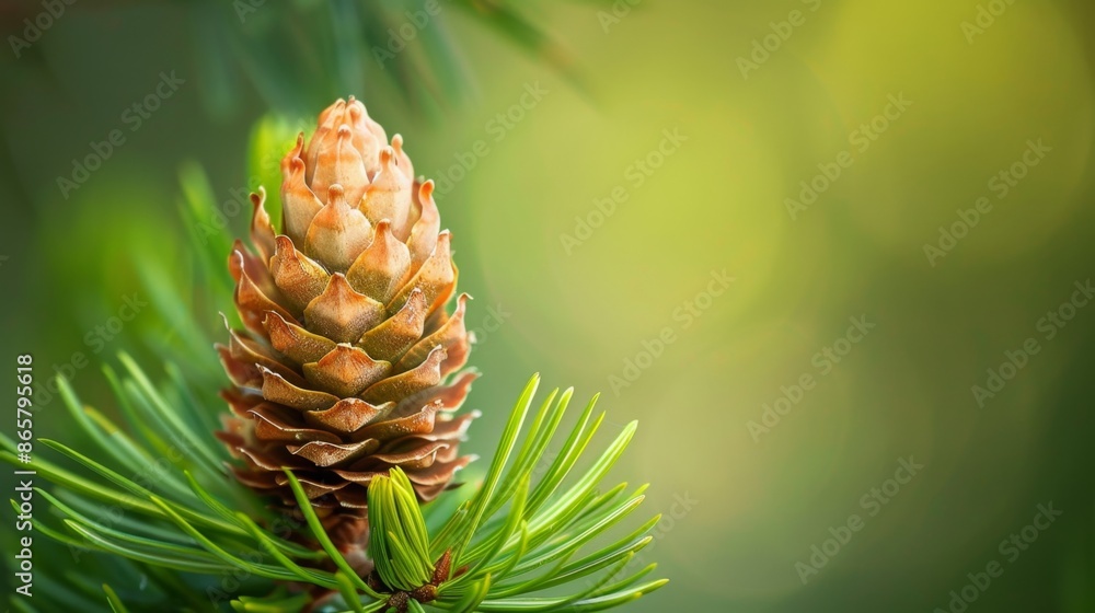 A single pine cone with its scales open, against a green background. A single pine cone with its scales open, against a green background.