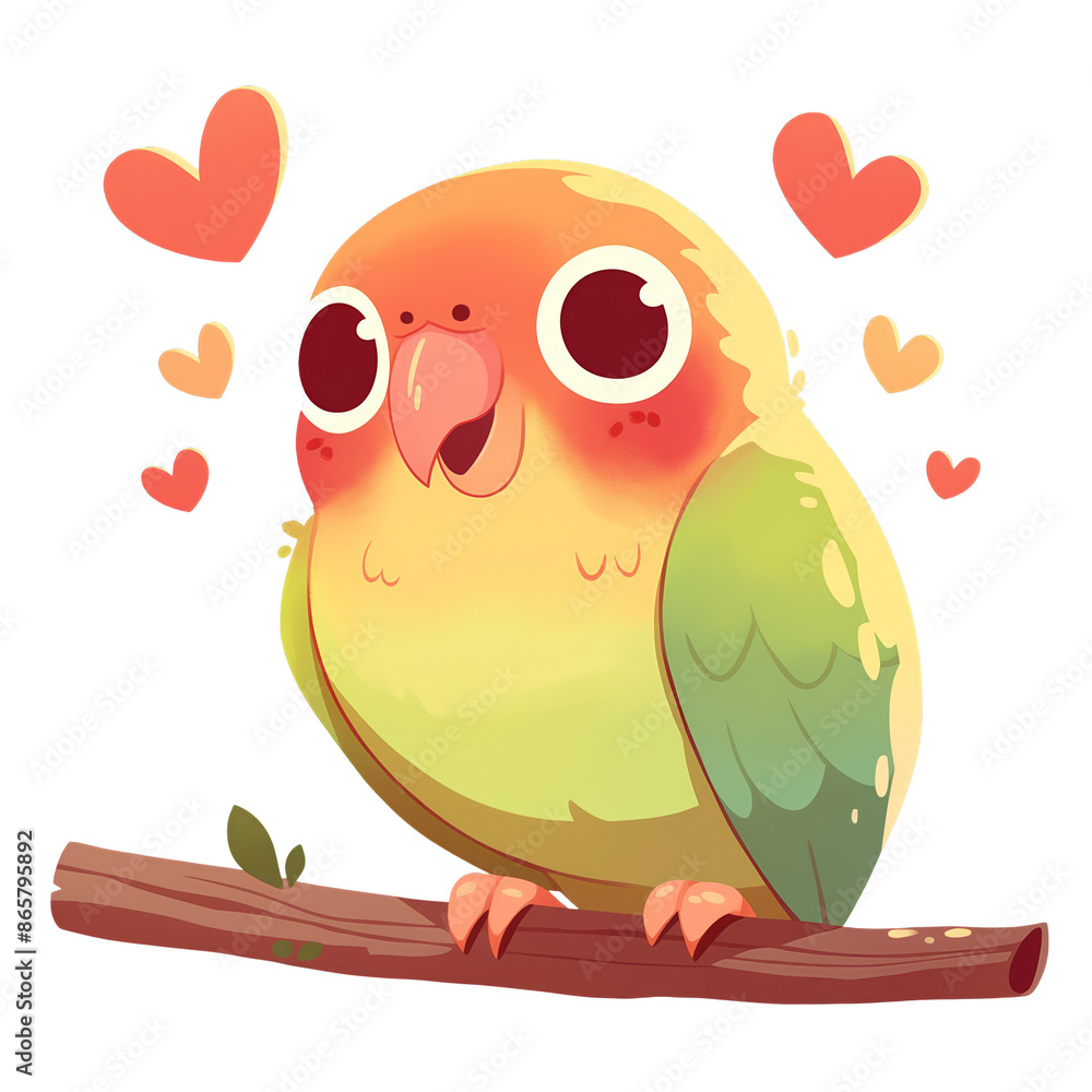 Obraz premium Cute and colorful cartoon parrot with hearts, perched on a branch. Perfect for romantic and whimsical themes.