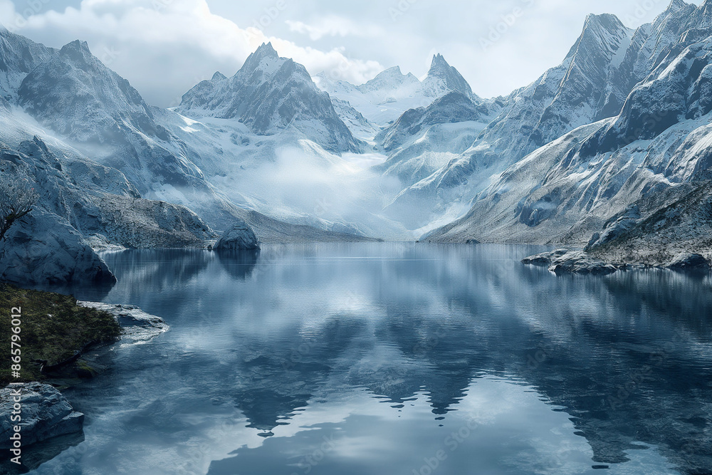 Naklejka premium A tranquil alpine lake nestled among towering snow-covered mountains with a lake, reflecting the pristine landscape and capturing the serene beauty of nature in wintertime.